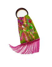 Load image into Gallery viewer, Geranium Olive and Magenta Silk Luxury Fringe Handbag

