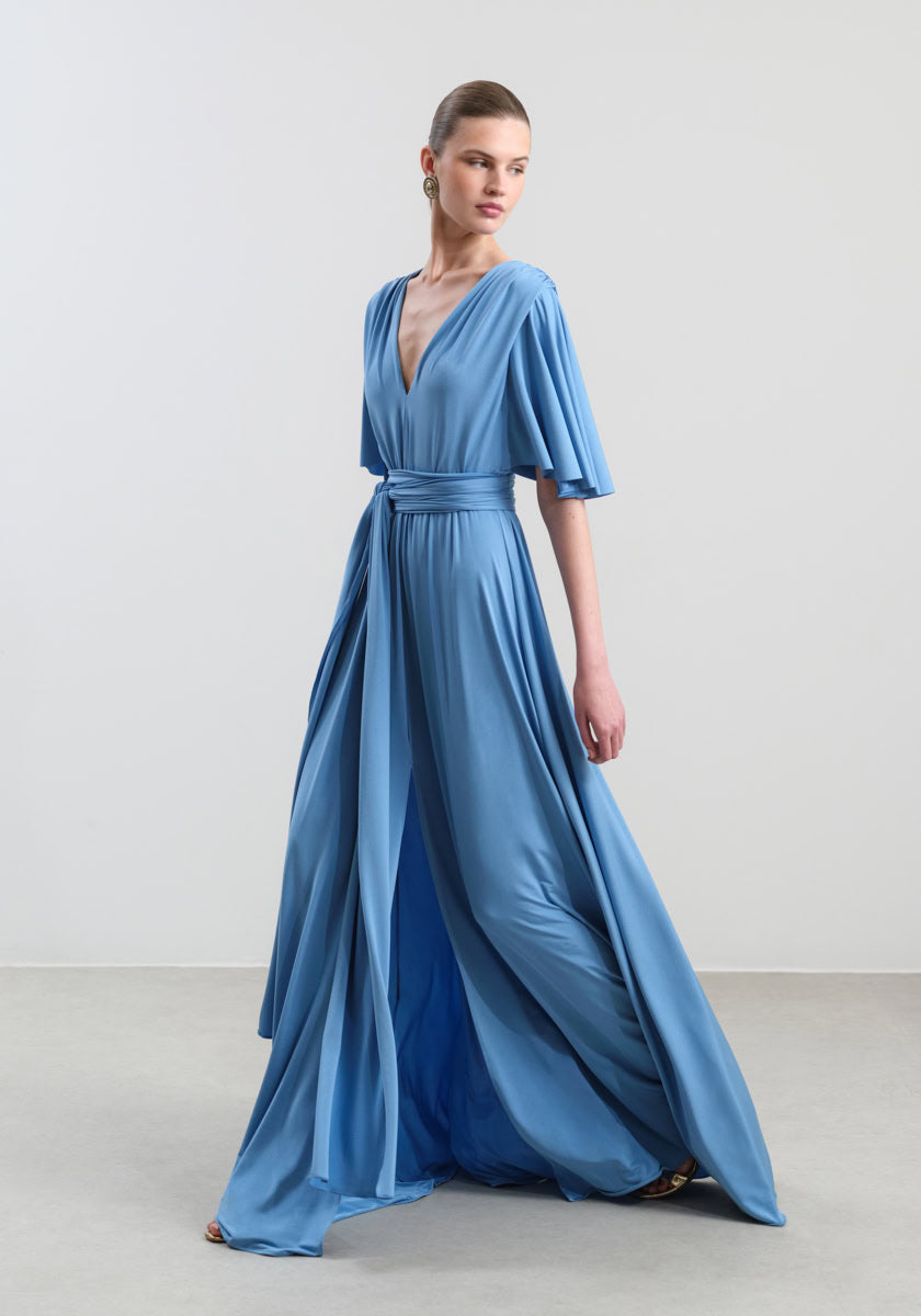 navy blue long dress bridesmaid Heavenly Kissed Draped Satin Maxi Dress